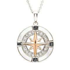 Sterling silver compass necklace with rose gold plated center and mother of pearl boarder