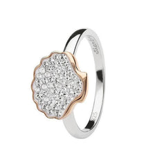 Sterling silver shell ring with rose gold plated edge and white crystals