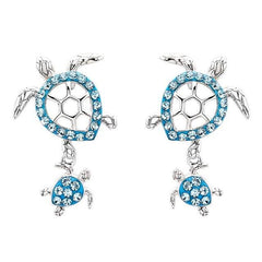 Sterling silver turtle stud earrings with light blue crystals and dangle baby turtles
