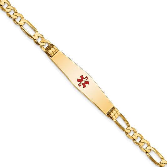 Quality Gold 14K Medical Soft Diamond Shape Red Enamel Flat Figaro Link ID Bracelet XM566CC