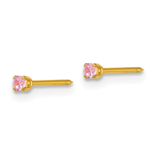 1064E Inverness Stainless Steel 24k Gold-plated 2mm Pink CZ Stud Post Piercing Earrings
