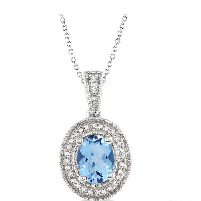 Parkplace Jewelers Silver Oval Shape Gemstone & Halo Diamond Pendant 88128PPSSBTSLPD