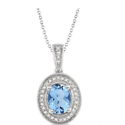 Parkplace Jewelers Silver Oval Shape Gemstone & Halo Diamond Pendant 88128PPSSBTSLPD