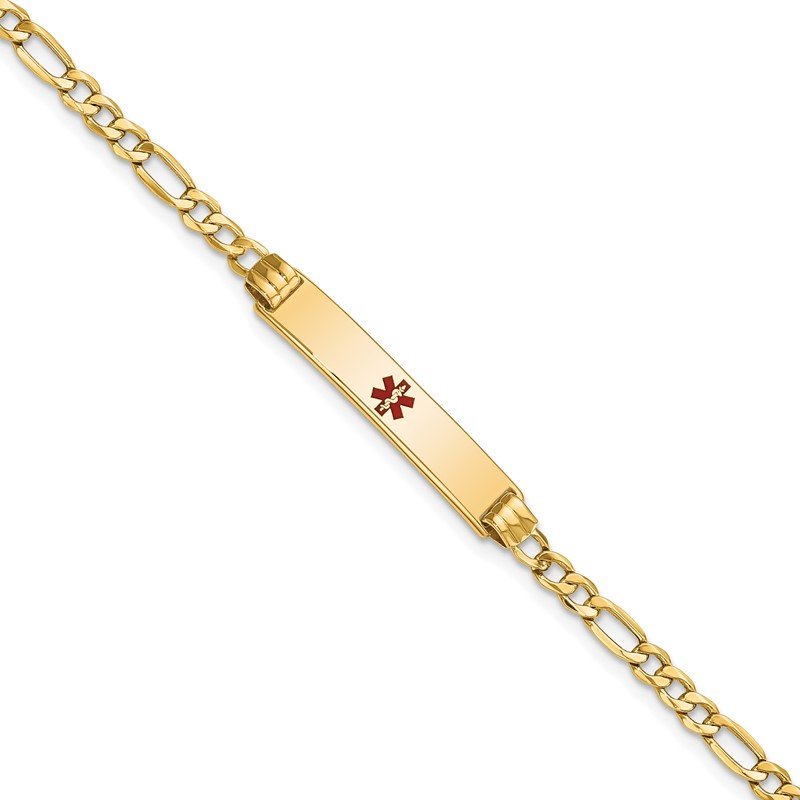 Quality Gold 14K Semi-solid Medical Polished Red Enamel Figaro ID Bracelet XM556CR