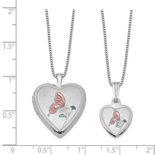 Quality Gold Sterling Silver Rhodium-plated Polished & Satin Enameled Butterfly Heart 18in Locket Necklace and 14in Pendant Necklace Set QLS440SET