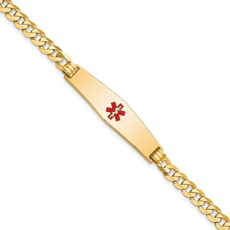 Quality Gold 14K Medical Soft Diamond Shape Red Enamel Flat Curb Link ID Bracelet XM562CC