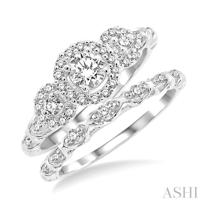 ASHI Round Shape Past Present & Future Halo Diamond Wedding Set 19333PPFVWG-WS