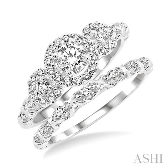 ASHI Round Shape Past Present & Future Halo Diamond Wedding Set 19333PPFVWG-WS