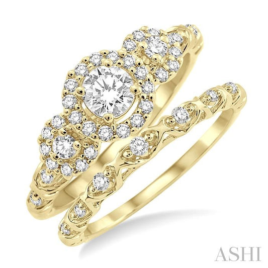 ASHI Round Shape Past Present & Future Halo Diamond Wedding Set 19333PPFVYG-WS