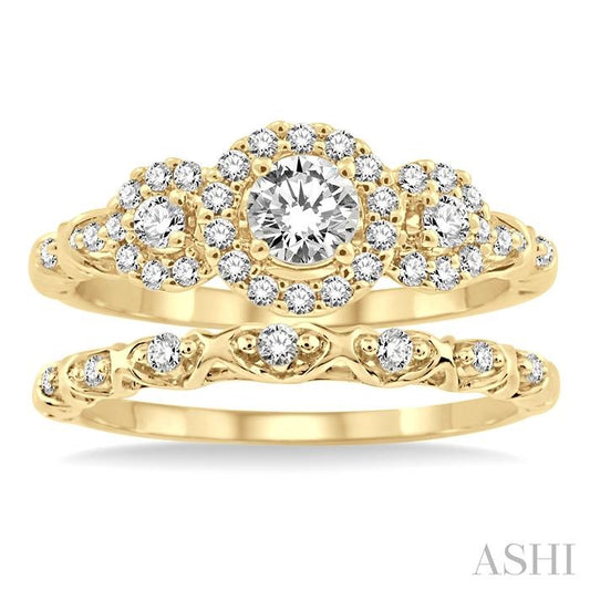 ASHI Round Shape Past Present & Future Halo Diamond Wedding Set 19333PPFVYG-WS