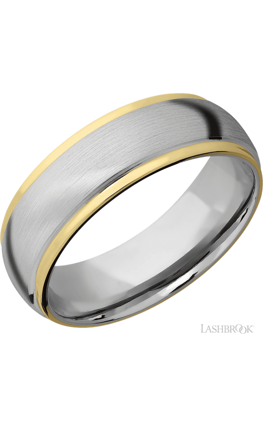 7 mm wide/Domed Stepped Down Edges/14K White Gold band with two 1 mm Edge inlays of 14K Yellow Gold.
