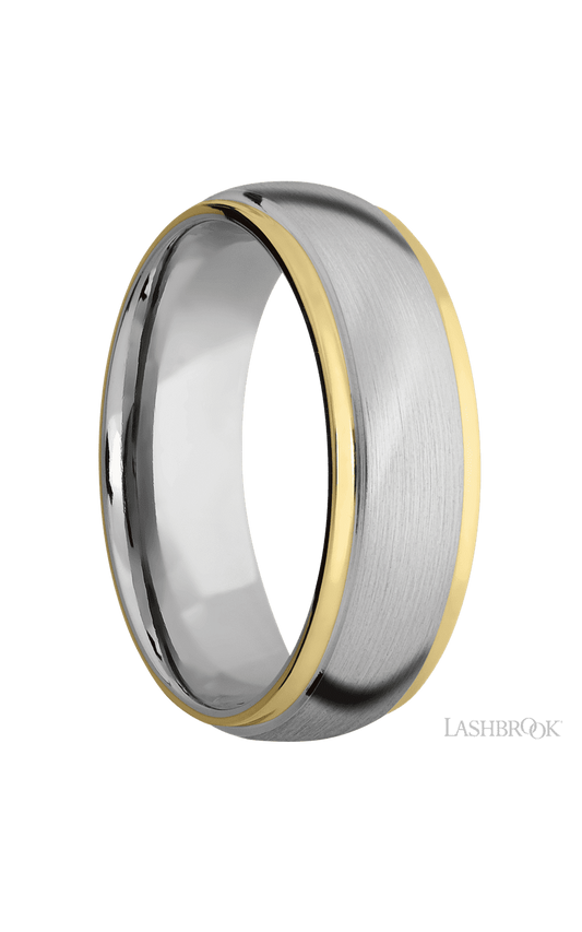 7 mm wide/Domed Stepped Down Edges/14K White Gold band with two 1 mm Edge inlays of 14K Yellow Gold.