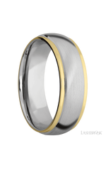 7 mm wide/Domed Stepped Down Edges/14K White Gold band with two 1 mm Edge inlays of 14K Yellow Gold.