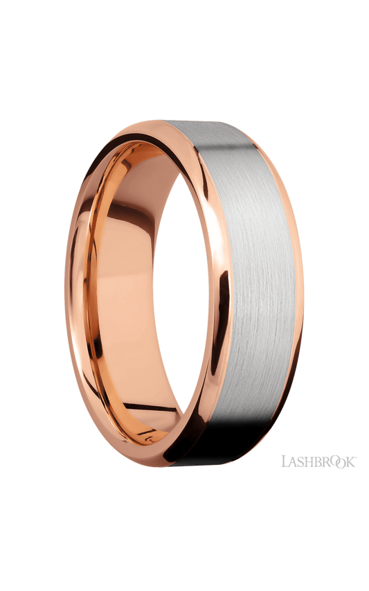7 mm wide/Beveled/14K Rose Gold band with one 5 mm Centered inlay of 14K White Gold.