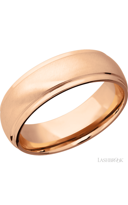 7 mm wide Domed Stepped Down Edges 14K Rose Gold band.