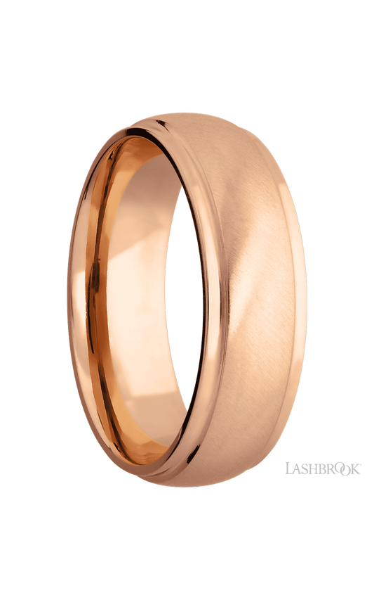 7 mm wide Domed Stepped Down Edges 14K Rose Gold band.