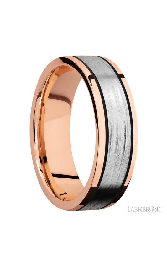 7 mm wide/Flat/14K Rose Gold band with one 4 mm Centered inlay of 14K White Gold.