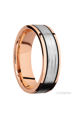 7 mm wide/Flat/14K Rose Gold band with one 4 mm Centered inlay of 14K White Gold.
