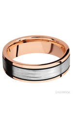 7 mm wide/Flat/14K Rose Gold band with one 4 mm Centered inlay of 14K White Gold.