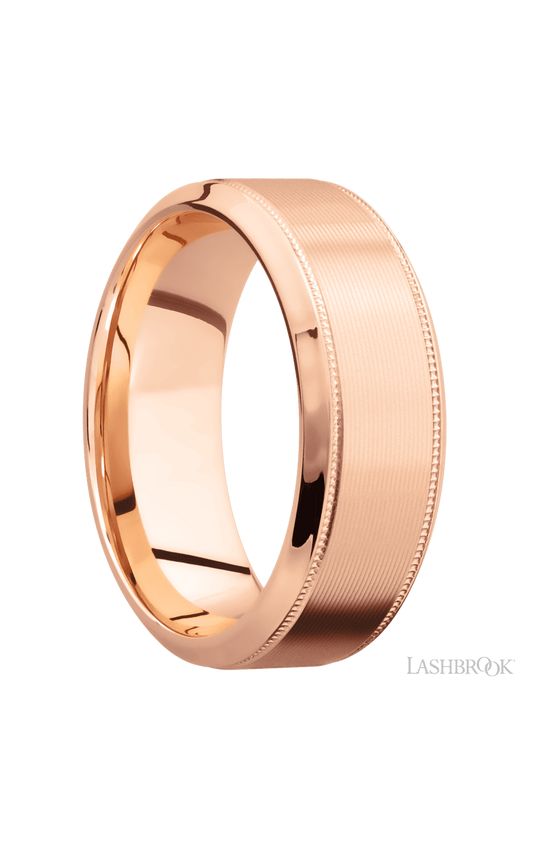 8 mm wide High Bevel Milgrain 14K Rose Gold band.
