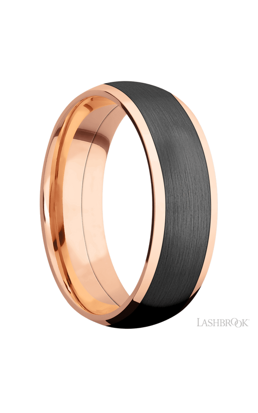 7 mm wide/Domed/14K Rose Gold band with one 5 mm Centered inlay of Zirconium.