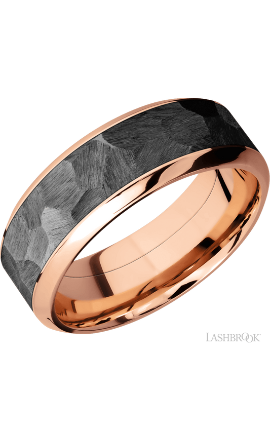 8 mm wide/High Bevel/14K Rose Gold band with one 5 mm Centered inlay of Zirconium.