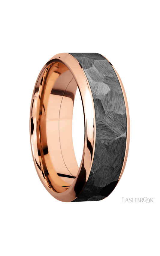 8 mm wide/High Bevel/14K Rose Gold band with one 5 mm Centered inlay of Zirconium.