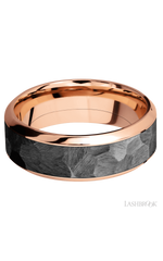 8 mm wide/High Bevel/14K Rose Gold band with one 5 mm Centered inlay of Zirconium.