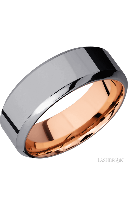 8 mm wide High Bevel Tantalum band featuring a 14K Rose Gold sleeve.