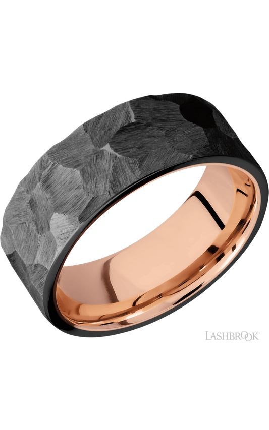 8 mm wide Flat Zirconium band featuring a 14K Rose Gold sleeve.
