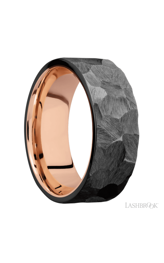 8 mm wide Flat Zirconium band featuring a 14K Rose Gold sleeve.