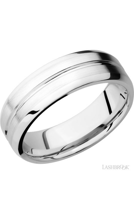 7 mm wide Beveled with Center Accent Groove 14K White Gold band.