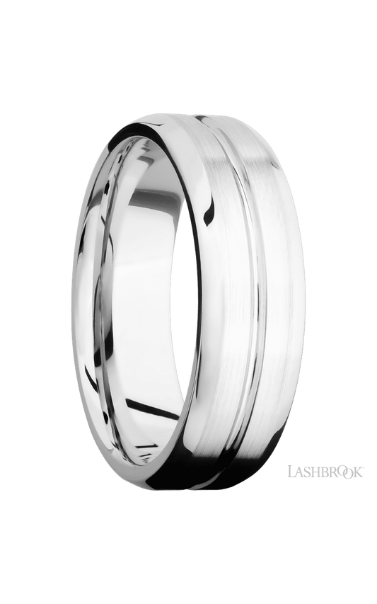 7 mm wide Beveled with Center Accent Groove 14K White Gold band.
