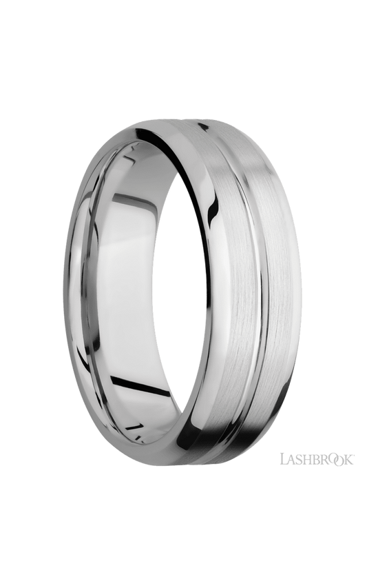 7 mm wide Beveled with Center Accent Groove 14K White Gold band.
