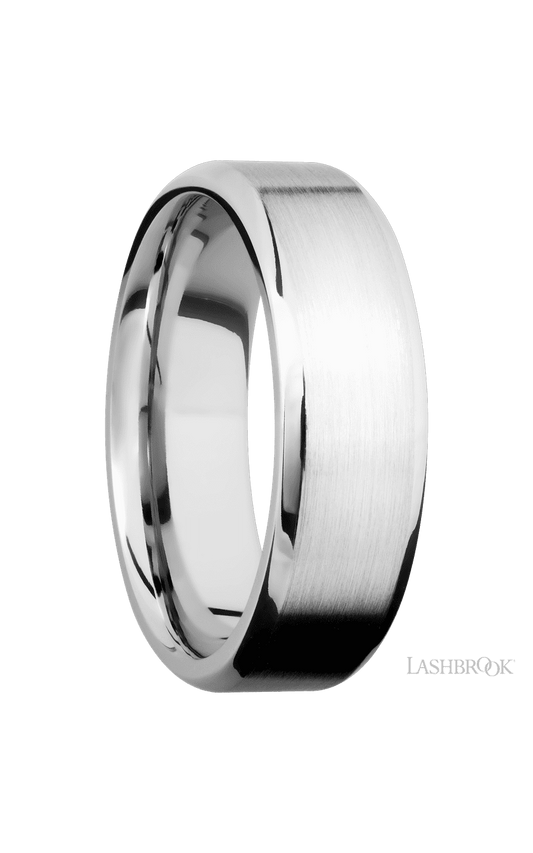7 mm wide Beveled 14K White Gold band.