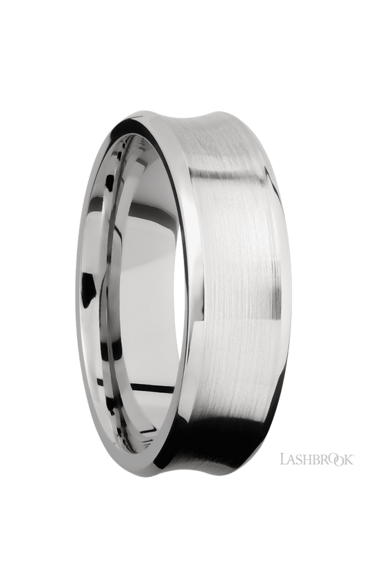7 mm wide Concave Bevel 14K White Gold band.