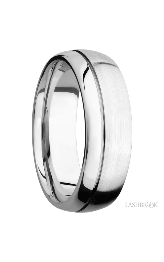 7 mm wide Domed with Off Center Accent Groove 14K White Gold band.