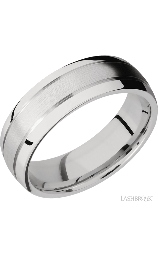 7 mm wide Domed with two accent grooves 14K White Gold band.