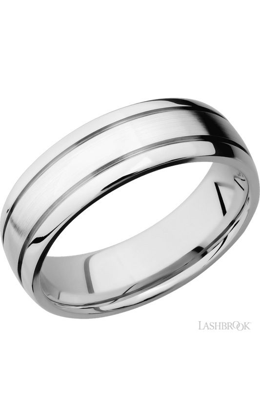 7 mm wide Domed with two accent grooves 14K White Gold band.