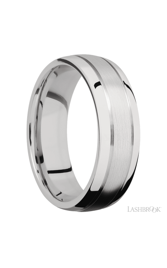 7 mm wide Domed with two accent grooves 14K White Gold band.