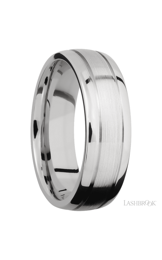 7 mm wide Domed with two accent grooves 14K White Gold band.