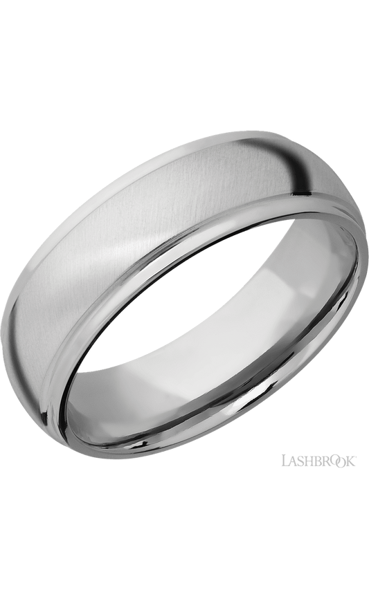 7 mm wide Domed Stepped Down Edges 14K White Gold band.