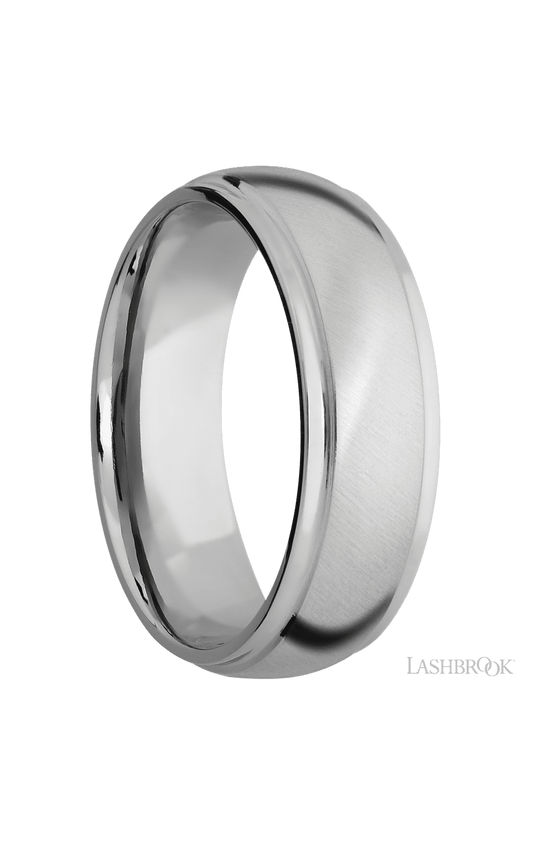 7 mm wide Domed Stepped Down Edges 14K White Gold band.