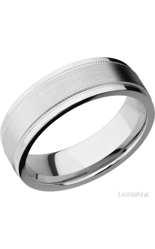 7 mm wide Flat Stepped Edges Milgrain 14K White Gold band.