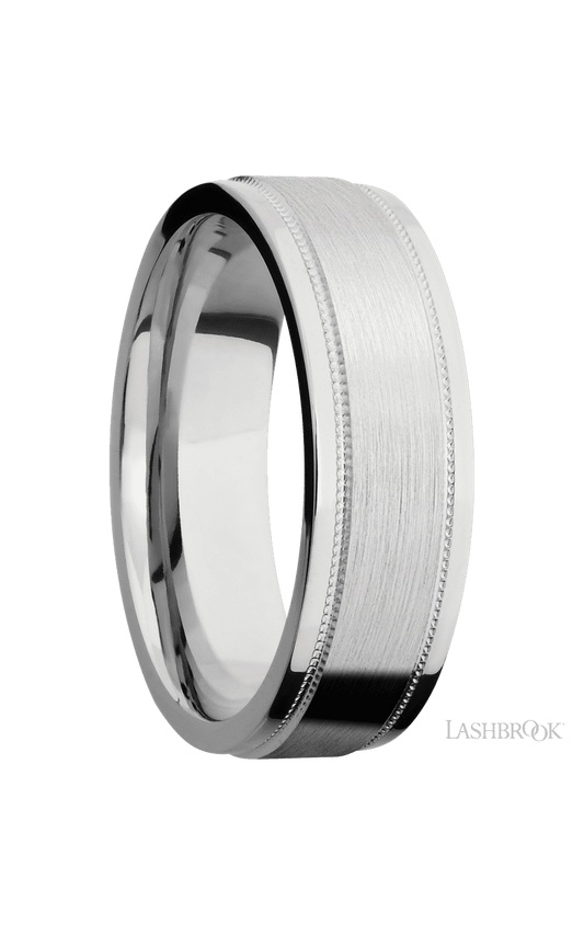 7 mm wide Flat Stepped Edges Milgrain 14K White Gold band.