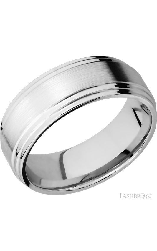 8 mm wide Flat Double Stepped Edges 14K White Gold band.