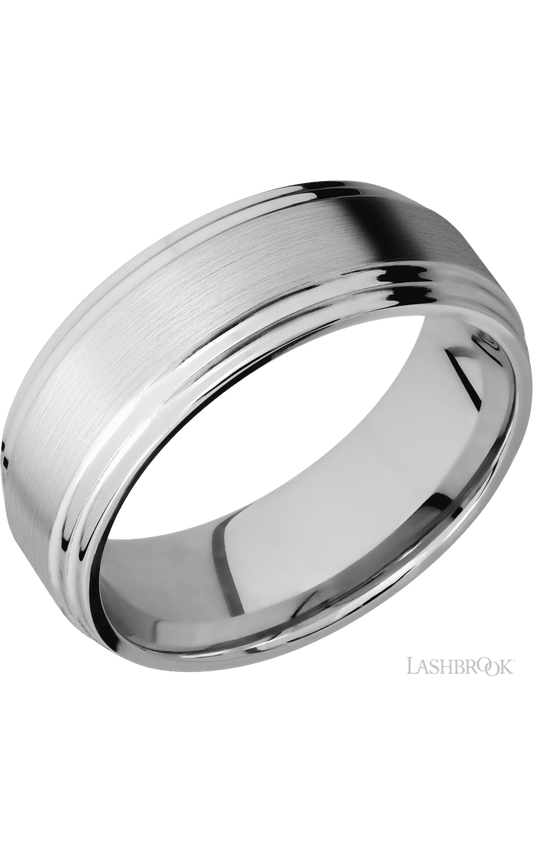 8 mm wide Flat Double Stepped Edges 14K White Gold band.