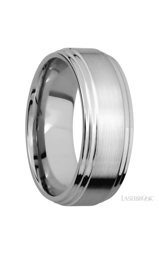 8 mm wide Flat Double Stepped Edges 14K White Gold band.