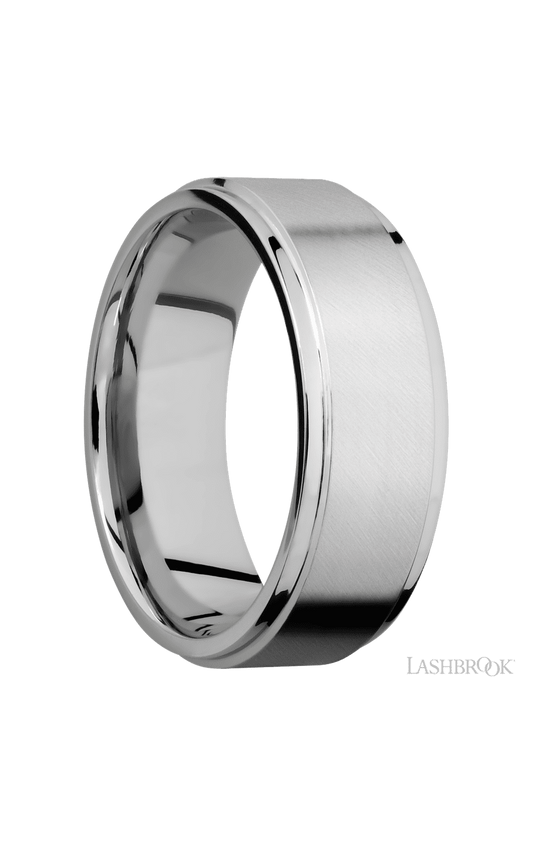 8 mm wide Flat Grooved Edges 14K White Gold band.
