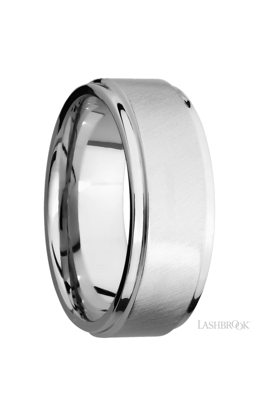 8 mm wide Flat Grooved Edges 14K White Gold band.